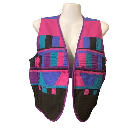 Reversible Vest Tibet Nepal Small Ethnic 100% Cotton Colorful Fabric Pockets VGC - Picture 3 of 6
